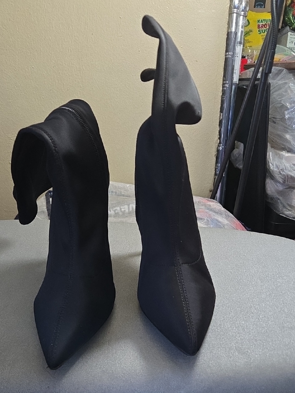 Black Stretch Pointed-Toe Sock Heeled Boots